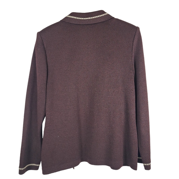 flawed ST. JOHN Marie Gray Womens 10 Zip Up Knit Stitched Collared Sweater Brown - Picture 6 of 7
